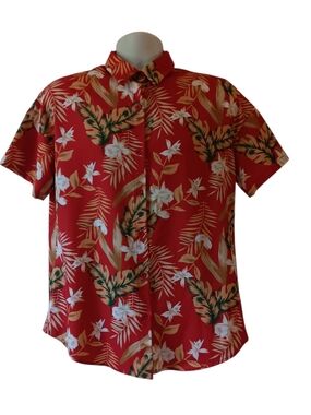 HT men's red floral hawaiian style short-sleeve button down shirt size M